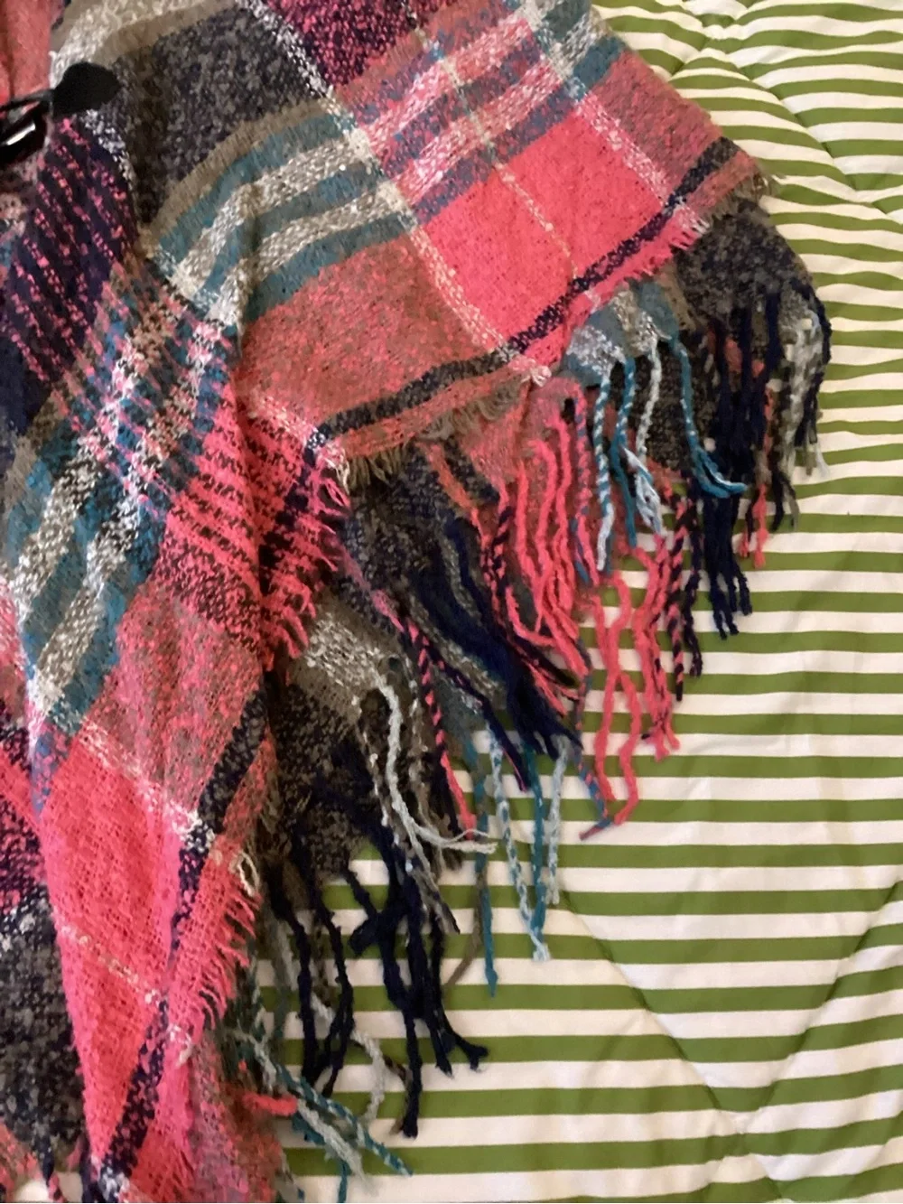 Women’s Plaid Navy and Coral Fringe Toggle Poncho Cape
